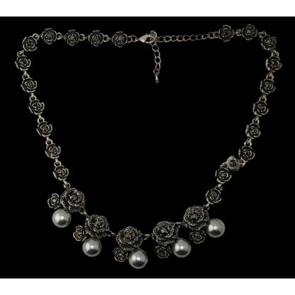 Goth Romantic Rose Necklace Black Rhinestone Faux Pearl Silver Tone Floral Statement Jewelry