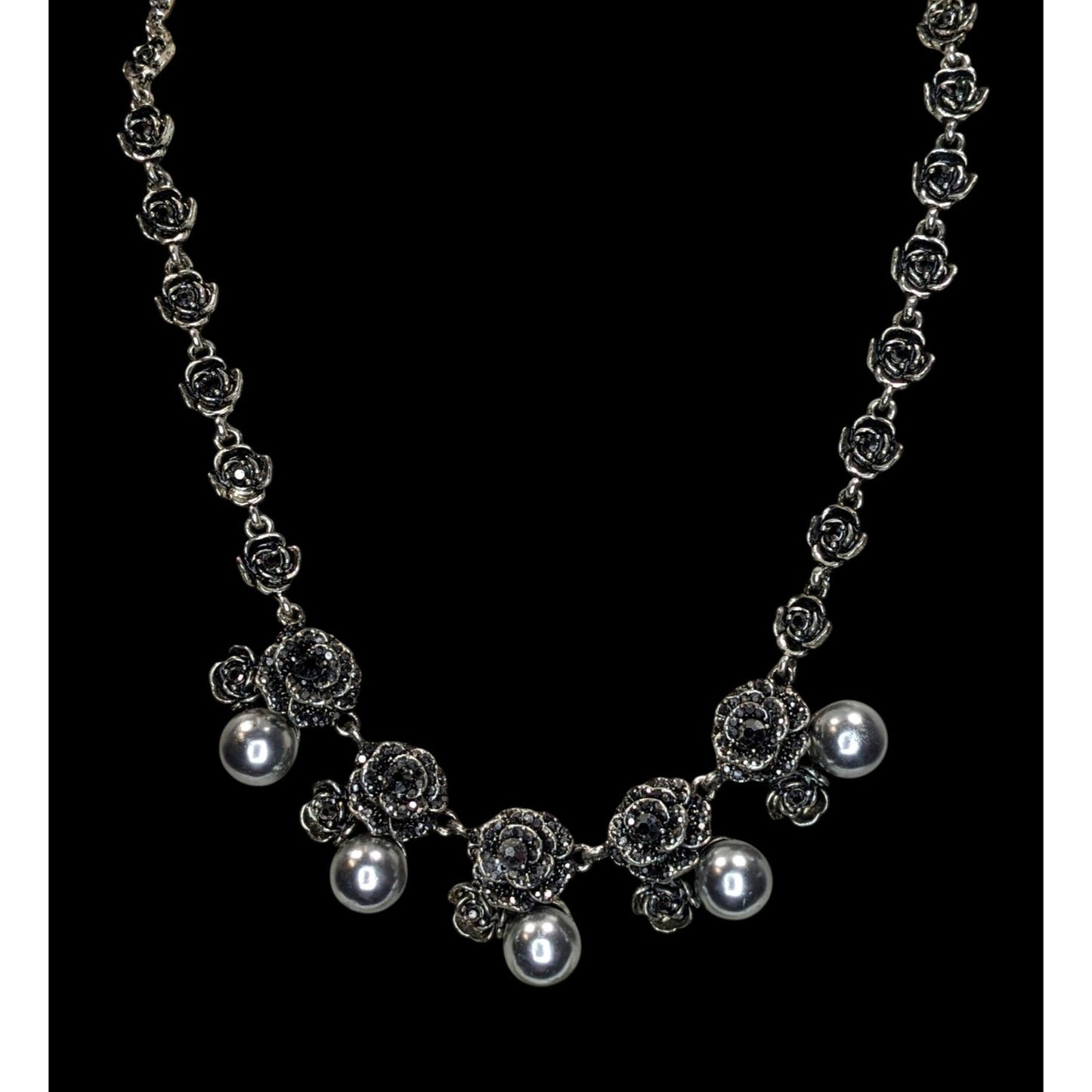 Goth Romantic Rose Necklace Black Rhinestone Faux Pearl Silver Tone Floral Statement Jewelry