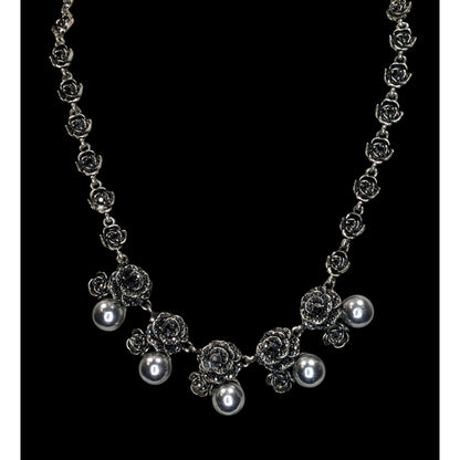 Goth Romantic Rose Necklace Black Rhinestone Faux Pearl Silver Tone Floral Statement Jewelry