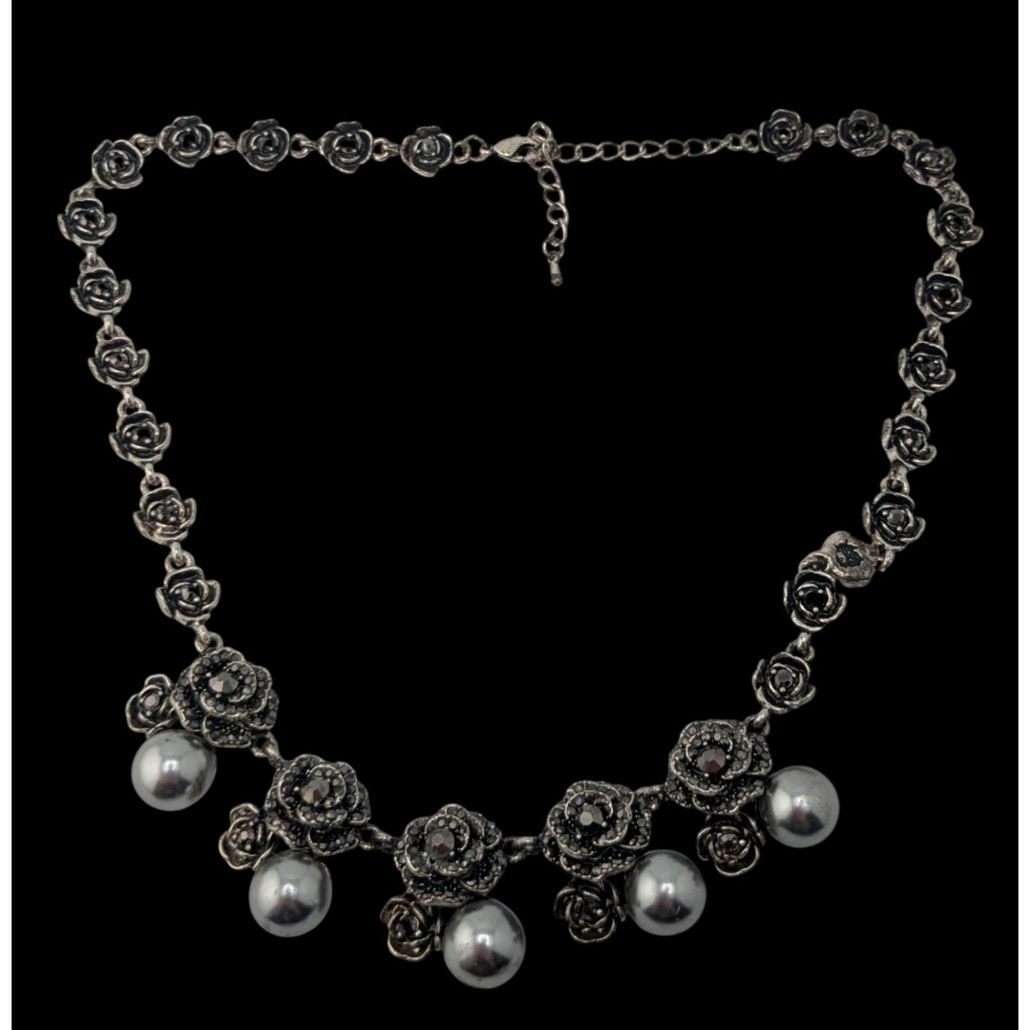 Goth Romantic Rose Necklace Black Rhinestone Faux Pearl Silver Tone Floral Statement Jewelry