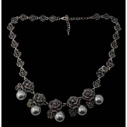 Goth Romantic Rose Necklace Black Rhinestone Faux Pearl Silver Tone Floral Statement Jewelry