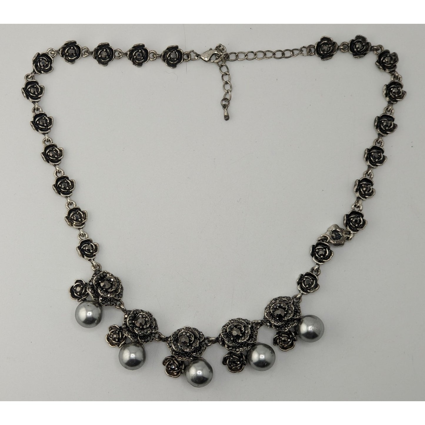 Goth Romantic Rose Necklace Black Rhinestone Faux Pearl Silver Tone Floral Statement Jewelry