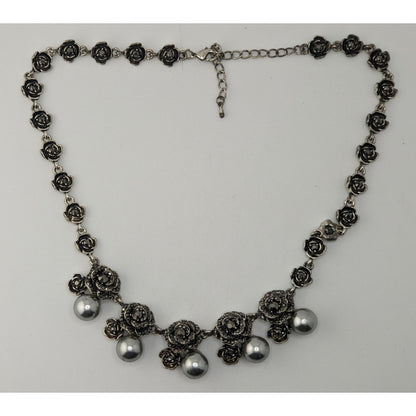 Goth Romantic Rose Necklace Black Rhinestone Faux Pearl Silver Tone Floral Statement Jewelry
