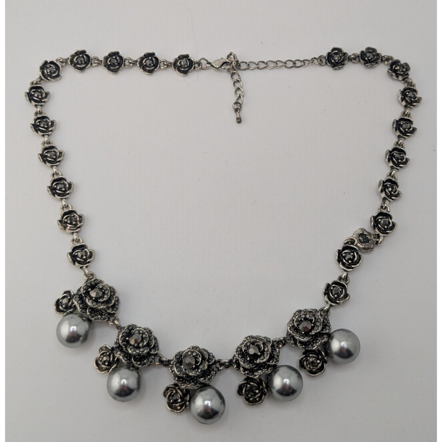 Goth Romantic Rose Necklace Black Rhinestone Faux Pearl Silver Tone Floral Statement Jewelry
