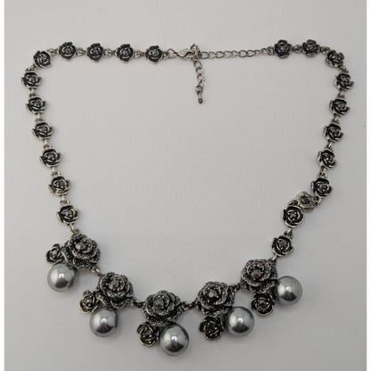Goth Romantic Rose Necklace Black Rhinestone Faux Pearl Silver Tone Floral Statement Jewelry