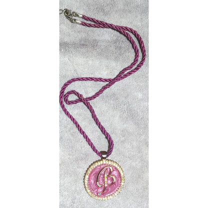 Purple Enamel Rhinestone B Medallion Necklace