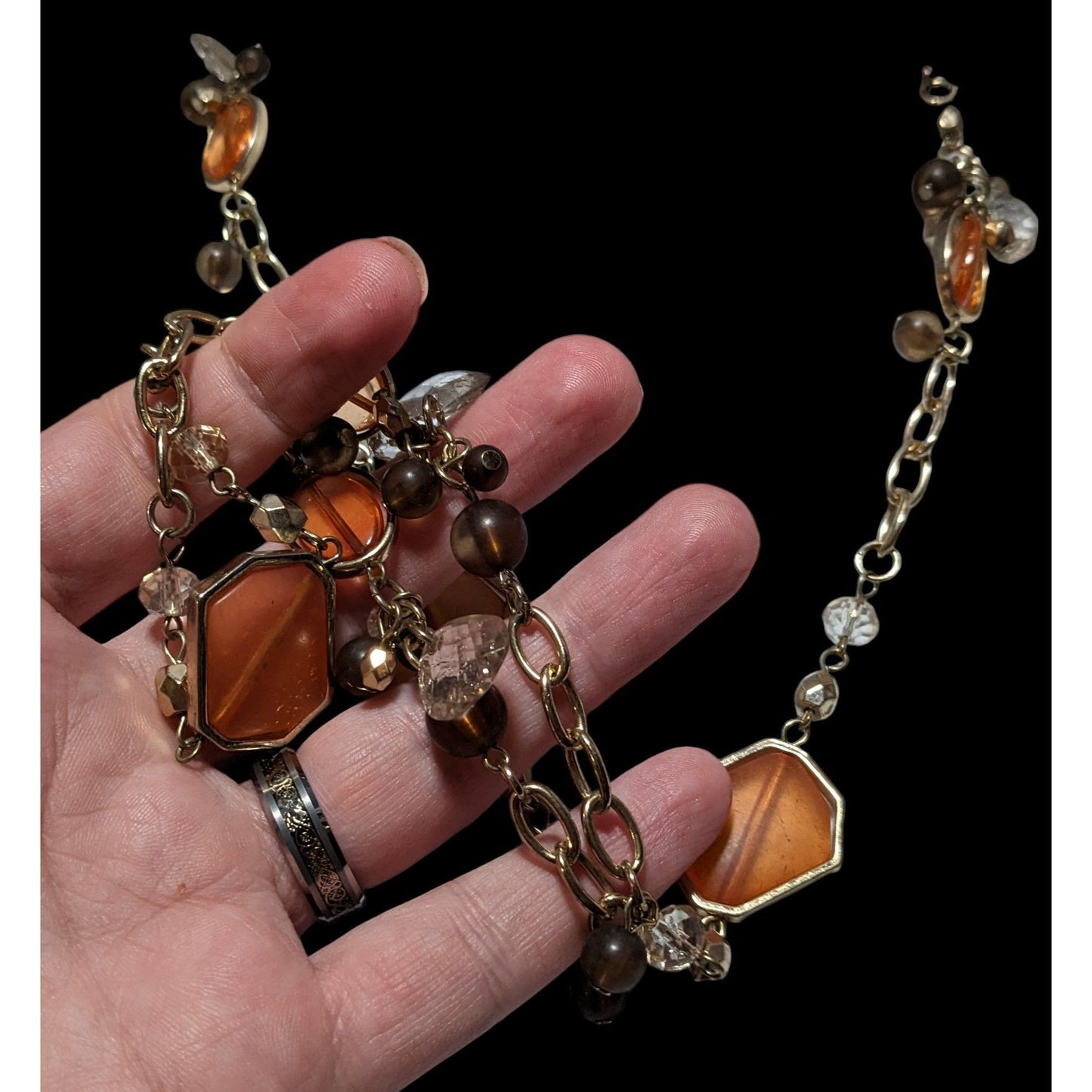 Retro Orange And Gold Glass Charm Necklace