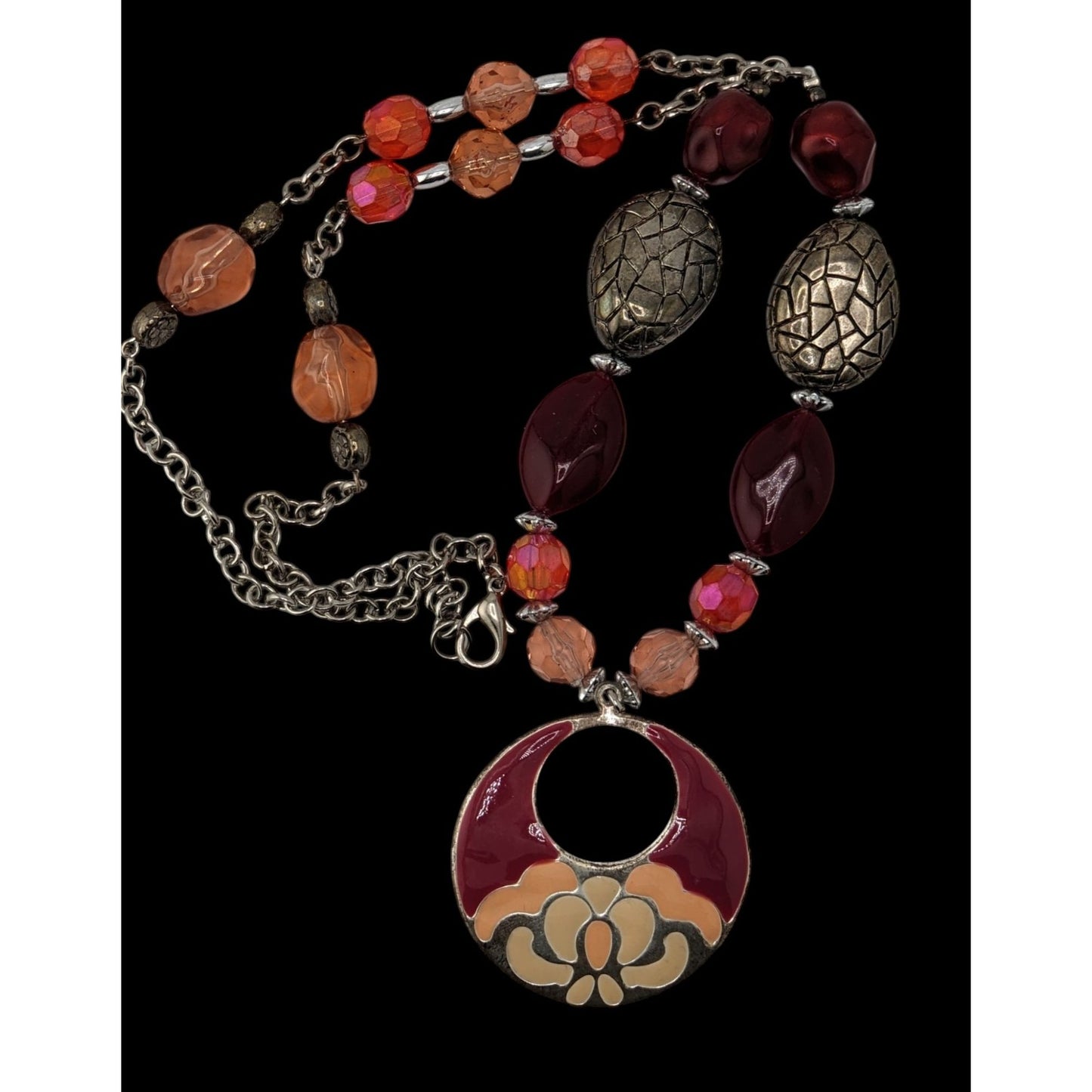 Handmade Bohemian Necklace With Beaded Chain & Enamel Statement Pendant