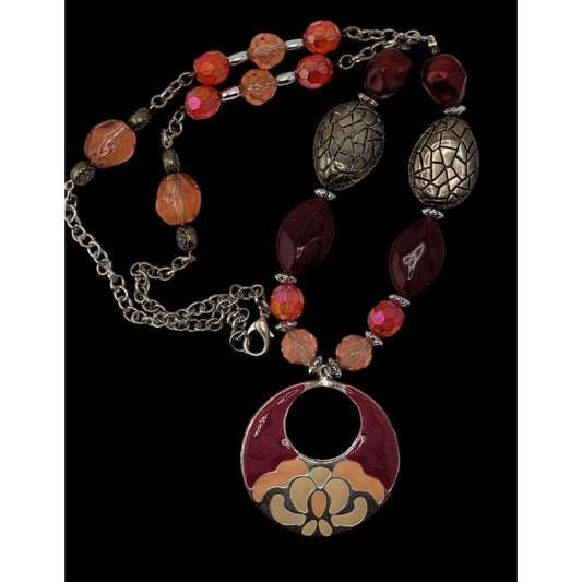 Handmade Bohemian Necklace With Beaded Chain & Enamel Statement Pendant