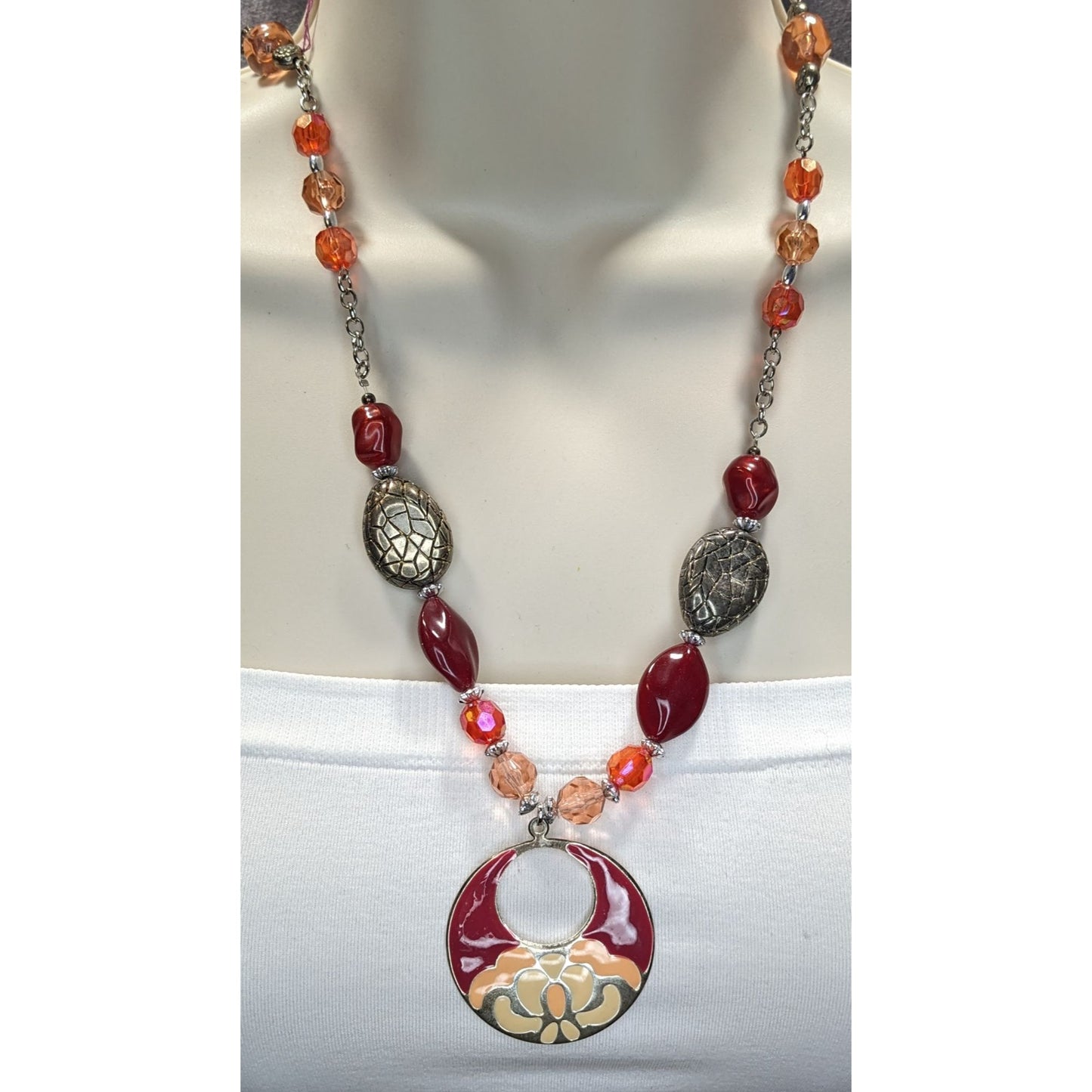 Handmade Bohemian Necklace With Beaded Chain & Enamel Statement Pendant