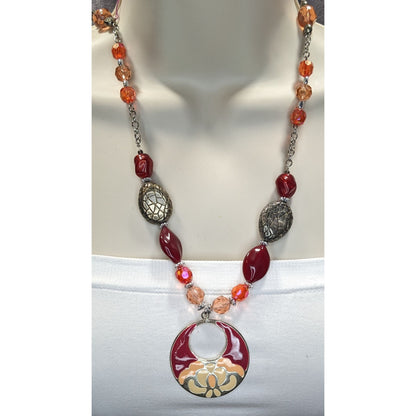 Handmade Bohemian Necklace With Beaded Chain & Enamel Statement Pendant