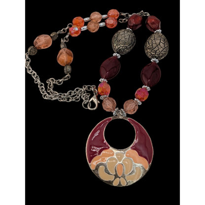 Handmade Bohemian Necklace With Beaded Chain & Enamel Statement Pendant