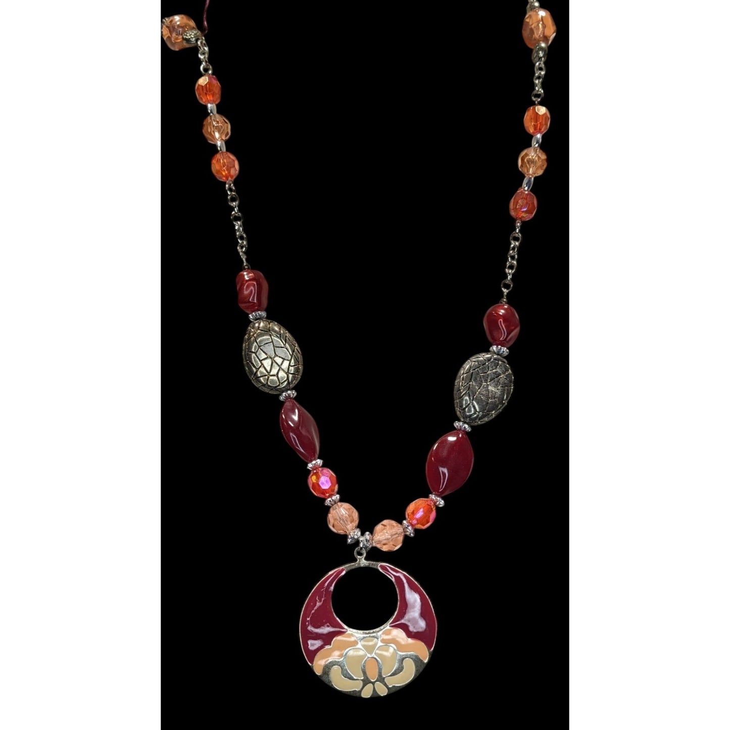 Handmade Bohemian Necklace With Beaded Chain & Enamel Statement Pendant