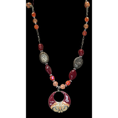 Handmade Bohemian Necklace With Beaded Chain & Enamel Statement Pendant
