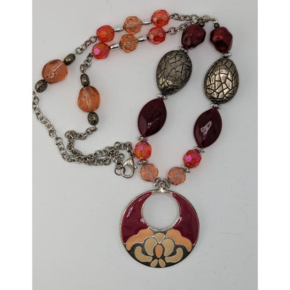 Handmade Bohemian Necklace With Beaded Chain & Enamel Statement Pendant