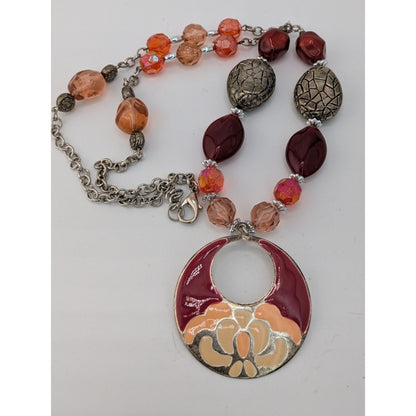 Handmade Bohemian Necklace With Beaded Chain & Enamel Statement Pendant