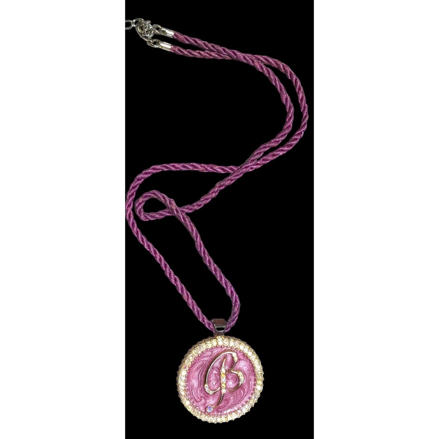 Purple Enamel Rhinestone B Medallion Necklace