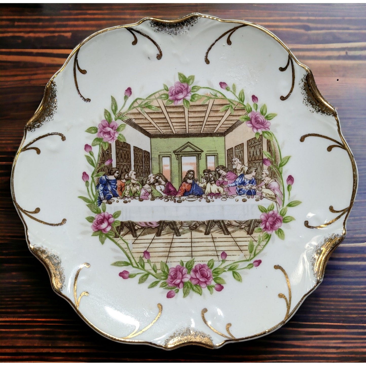Vintage Last Supper 18K Gilded Floral Collector's Plate