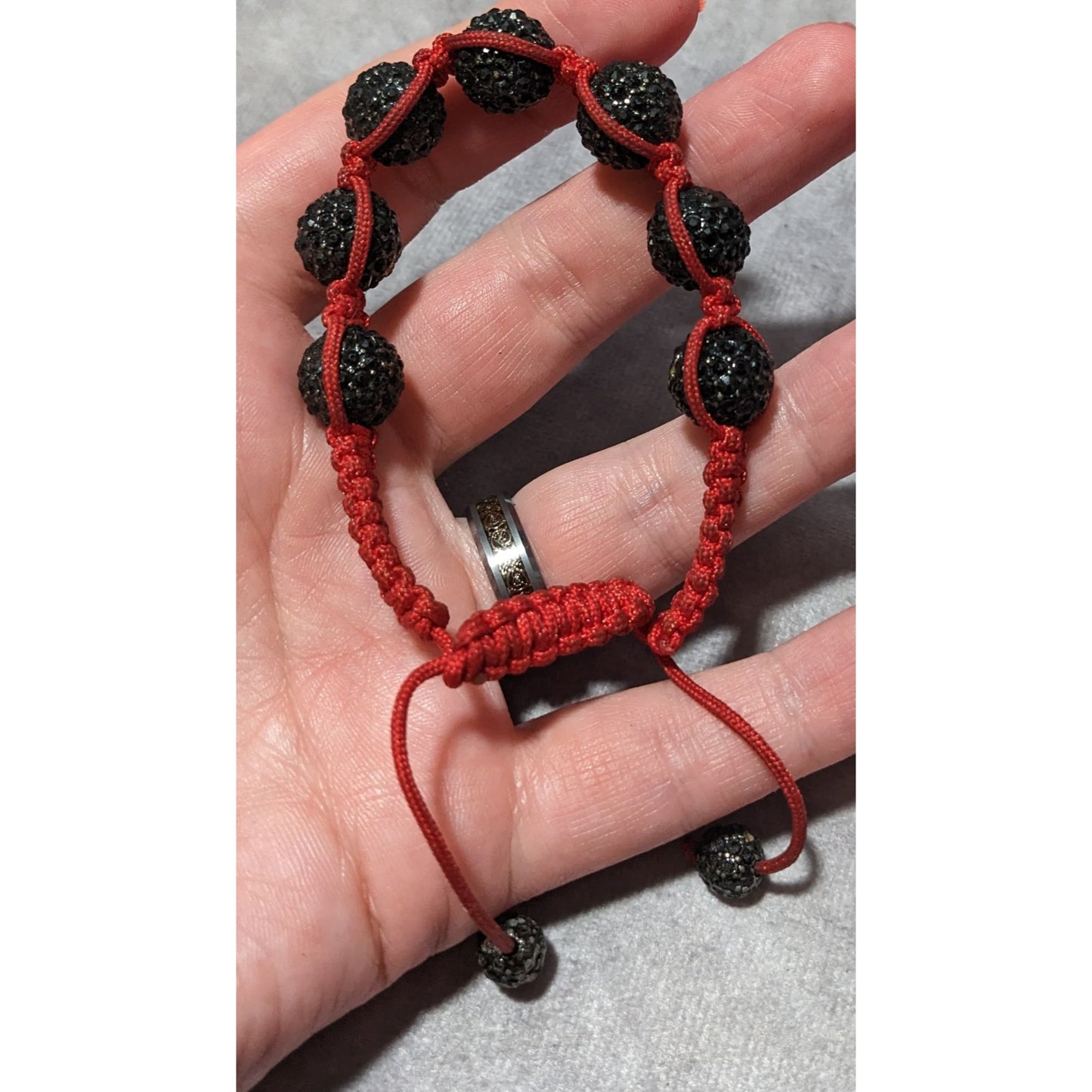 Black Rhinestone Beaded Red Macrame Bracelet