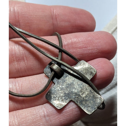 Vintage Sterling Silver Hammered Oxidized Cross Necklace