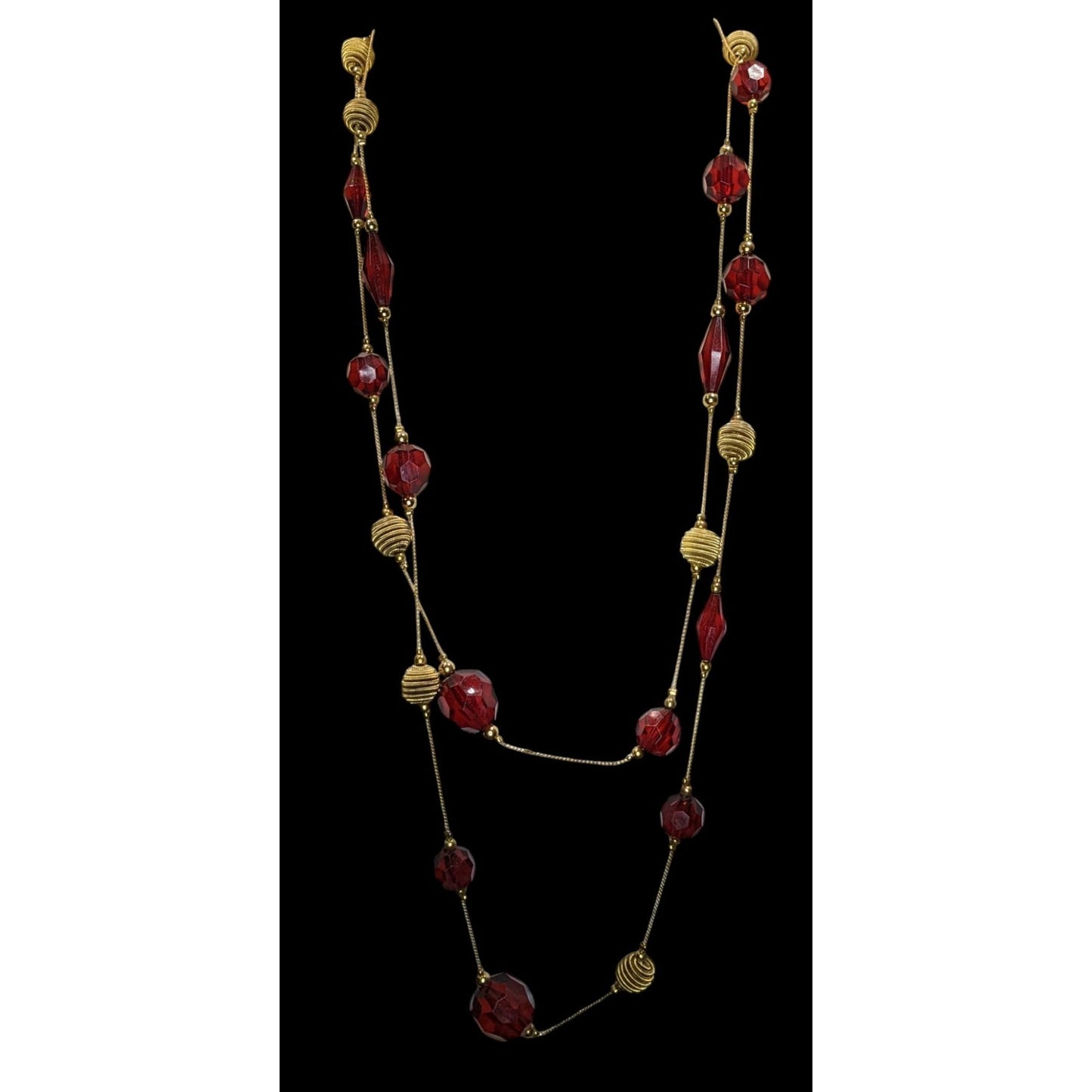 Vintage Station Necklace 58 Inch Red Gold Acrylic Bead Midcentury Elegance