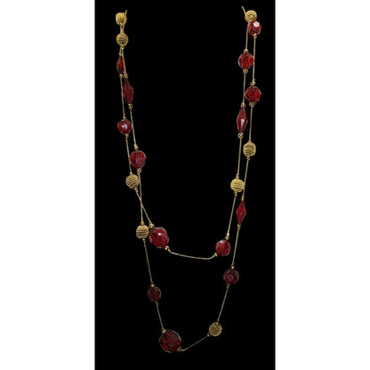 Vintage Station Necklace 58 Inch Red Gold Acrylic Bead Midcentury Elegance