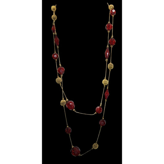 Vintage Station Necklace 58 Inch Red Gold Acrylic Bead Midcentury Elegance