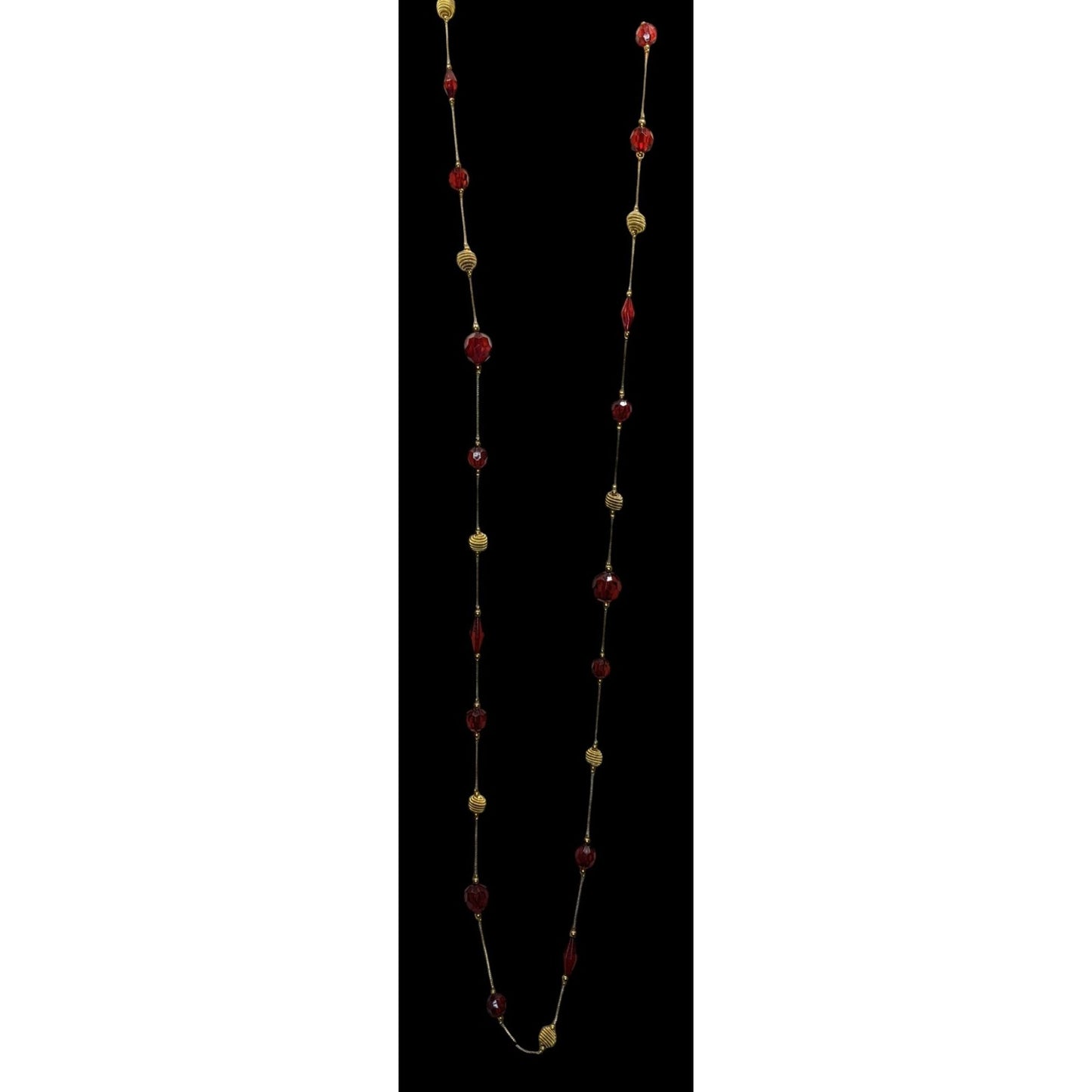 Vintage Station Necklace 58 Inch Red Gold Acrylic Bead Midcentury Elegance