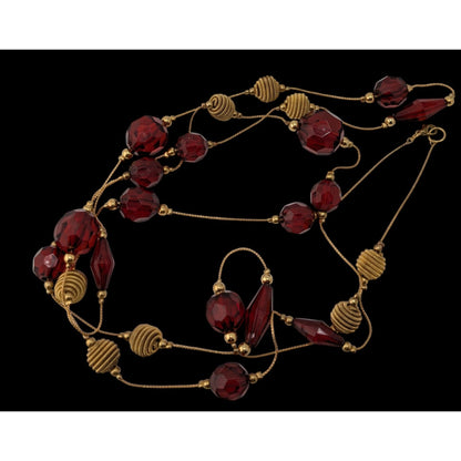 Vintage Station Necklace 58 Inch Red Gold Acrylic Bead Midcentury Elegance