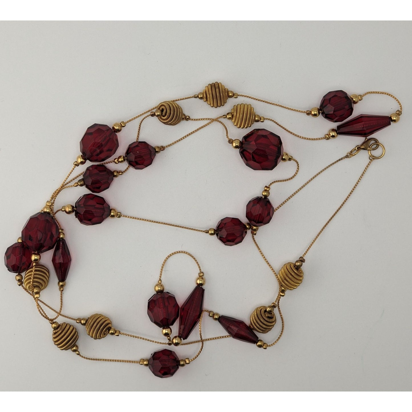 Vintage Station Necklace 58 Inch Red Gold Acrylic Bead Midcentury Elegance