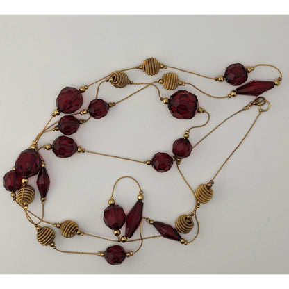 Vintage Station Necklace 58 Inch Red Gold Acrylic Bead Midcentury Elegance