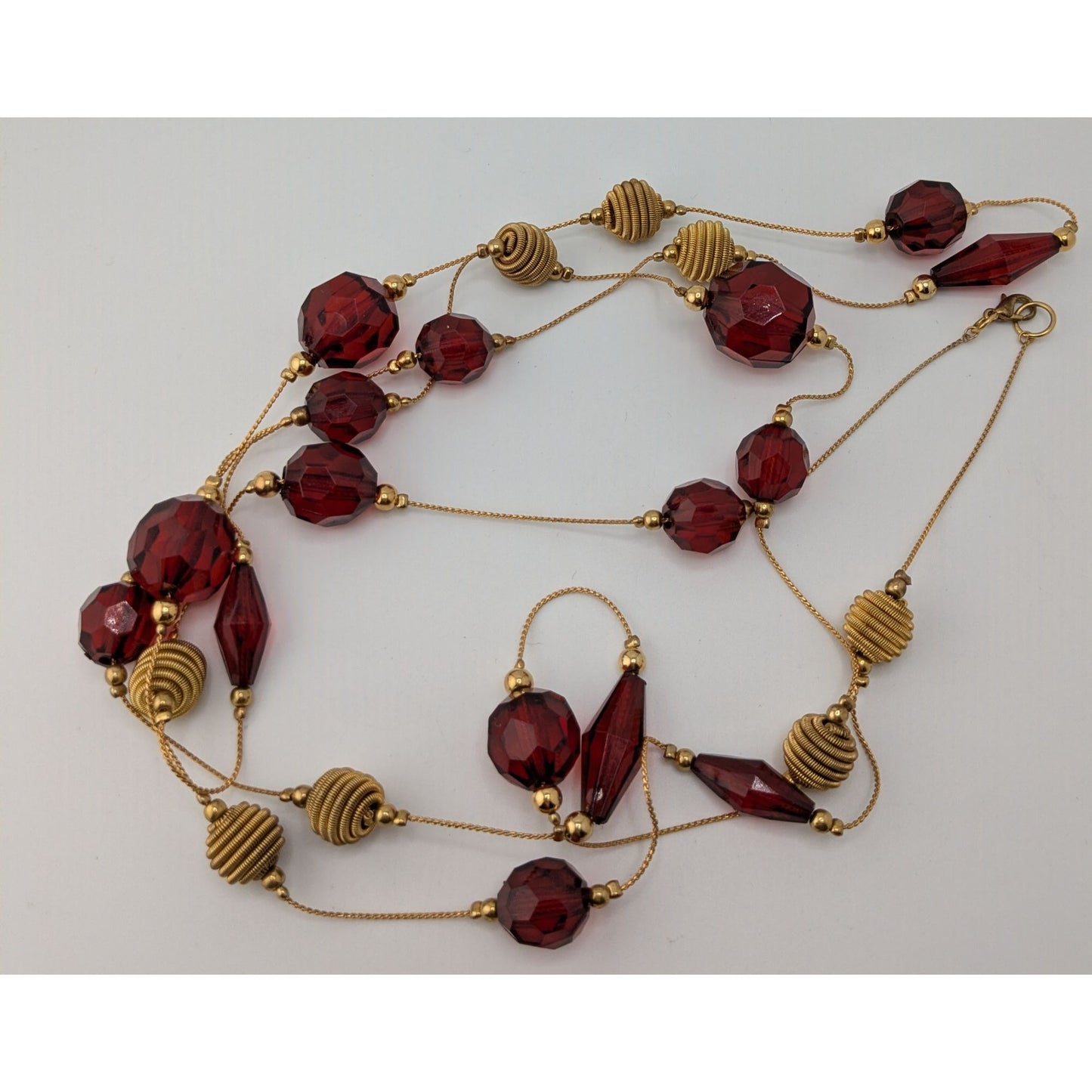 Vintage Station Necklace 58 Inch Red Gold Acrylic Bead Midcentury Elegance