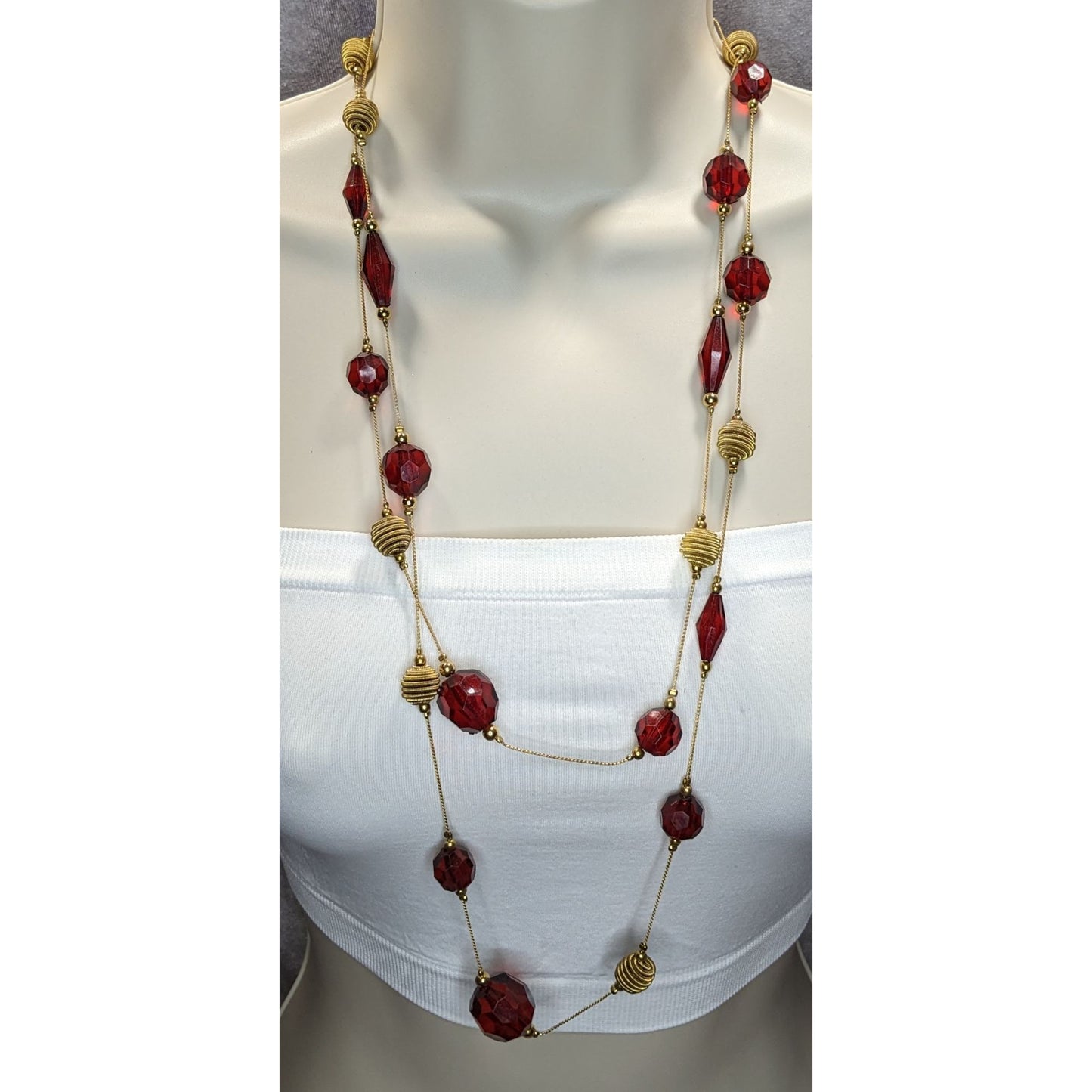 Vintage Station Necklace 58 Inch Red Gold Acrylic Bead Midcentury Elegance