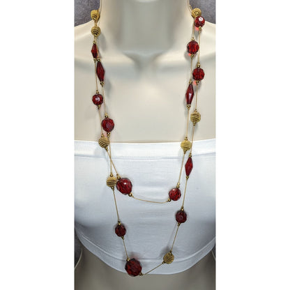 Vintage Station Necklace 58 Inch Red Gold Acrylic Bead Midcentury Elegance