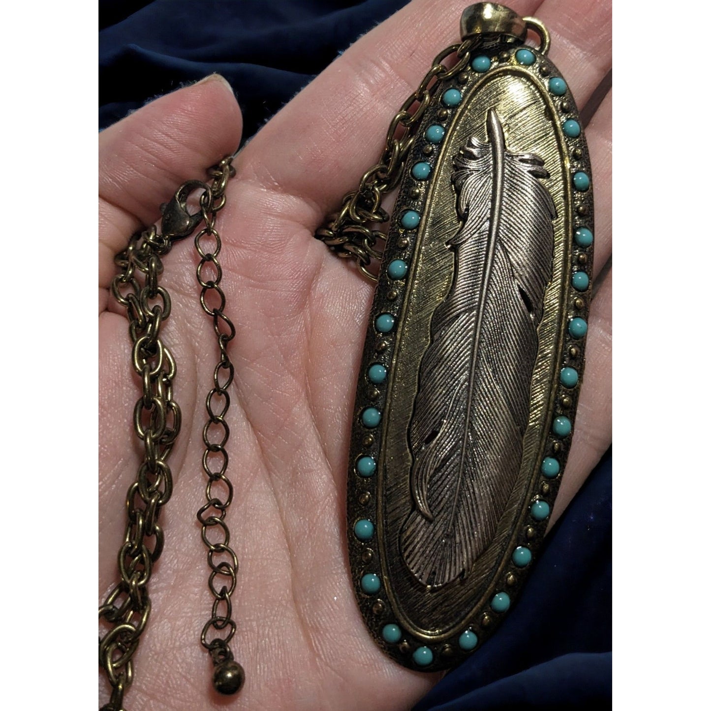 Bohemian Metal Turquoise Feather Pendant Necklace