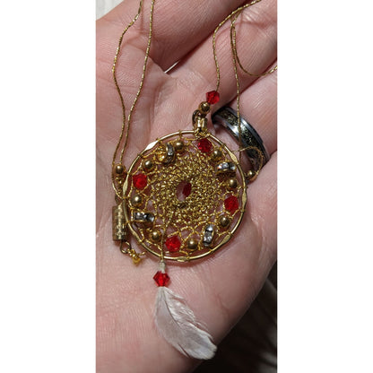 Gold Beaded Feather Dreamcatcher Necklace