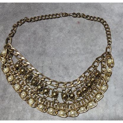 Glamorous Gold Chain Pearl Bib  Necklace