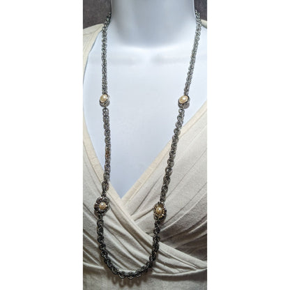 Vintage Liz Claiborne Silver Floral Pearl Chain Necklace