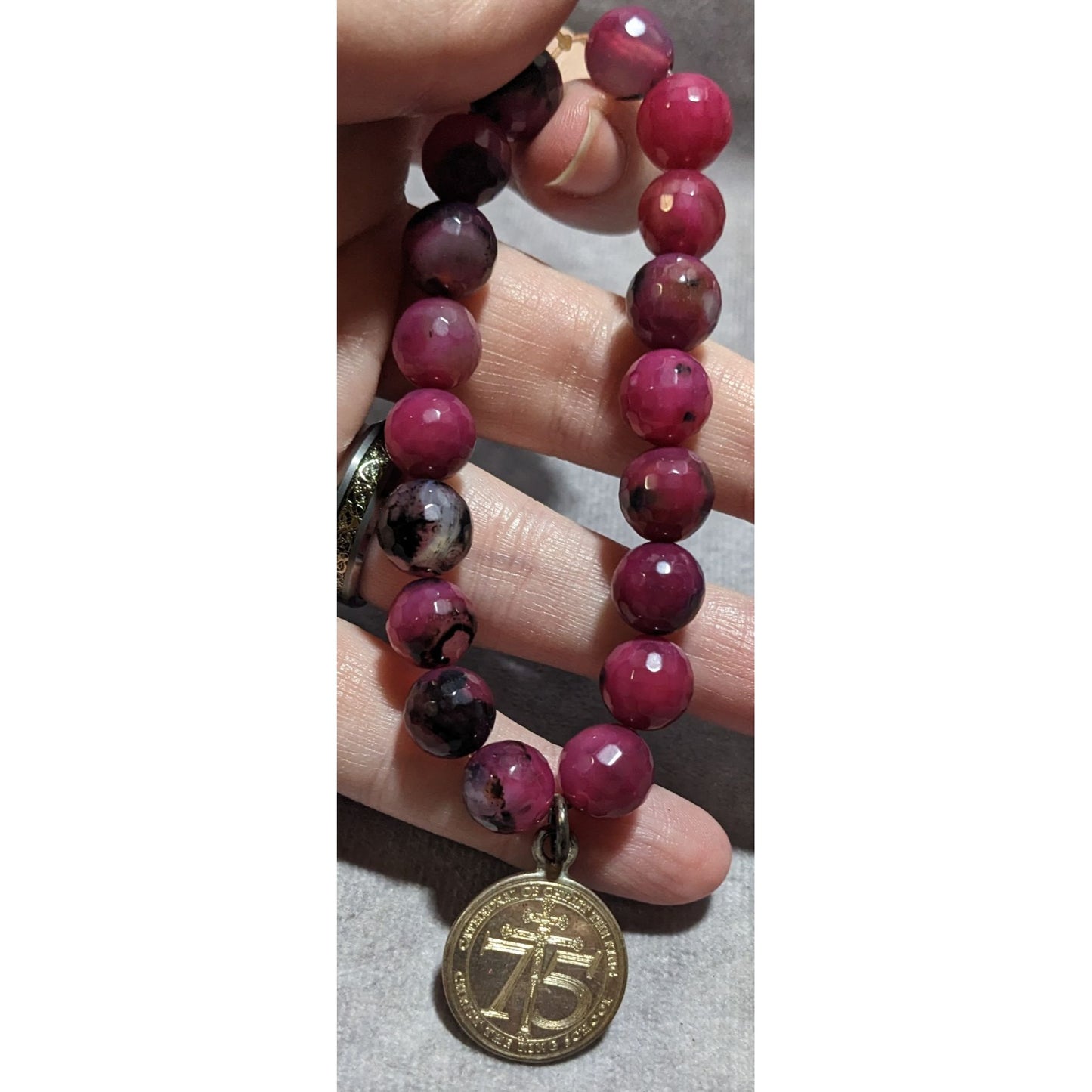 Pink Agate Religious Stretch Bracelet