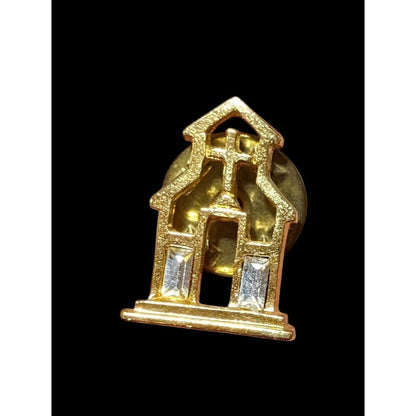 Gold Tone Rhinestone Church Cathedral Lapel Pin