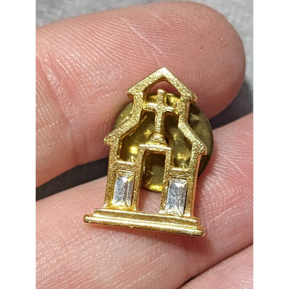 Gold Tone Rhinestone Church Cathedral Lapel Pin