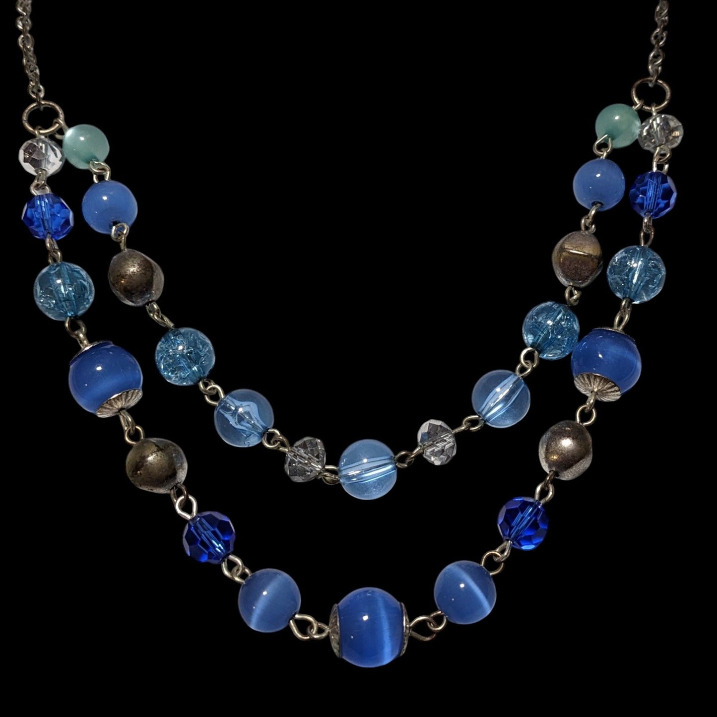 Retro Beachy Multilayer Blue And Silver Beaded Necklace