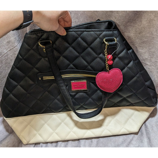 Betsey Johnson Quilted Black & Cream Tote Bag With Pink Heart Charm