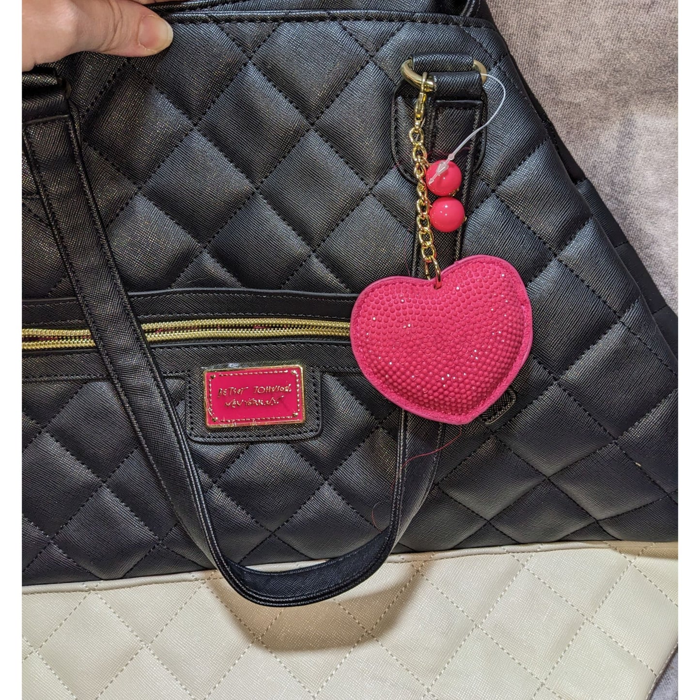 Betsey Johnson Quilted Black & Cream Tote Bag With Pink Heart Charm
