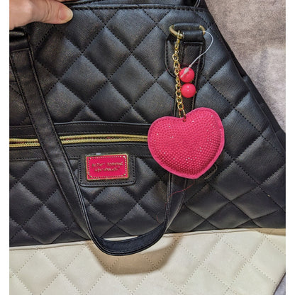 Betsey Johnson Quilted Black & Cream Tote Bag With Pink Heart Charm
