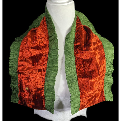 Papagena Paris Vintage Orange & Green Velvet Scarf W/Gold Heart Charm & Dust Bag 35"x7.5"