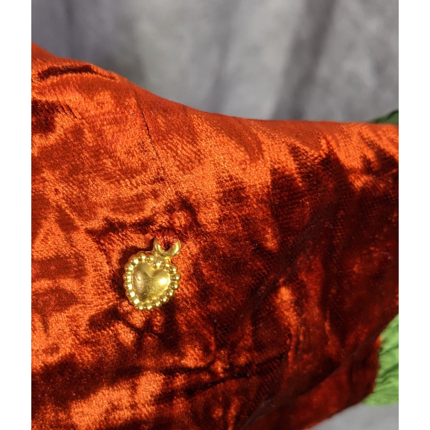 Papagena Paris Vintage Orange & Green Velvet Scarf W/Gold Heart Charm & Dust Bag 35"x7.5"