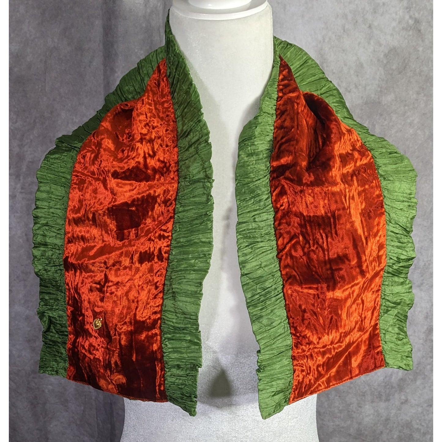 Papagena Paris Vintage Orange & Green Velvet Scarf W/Gold Heart Charm & Dust Bag 35"x7.5"