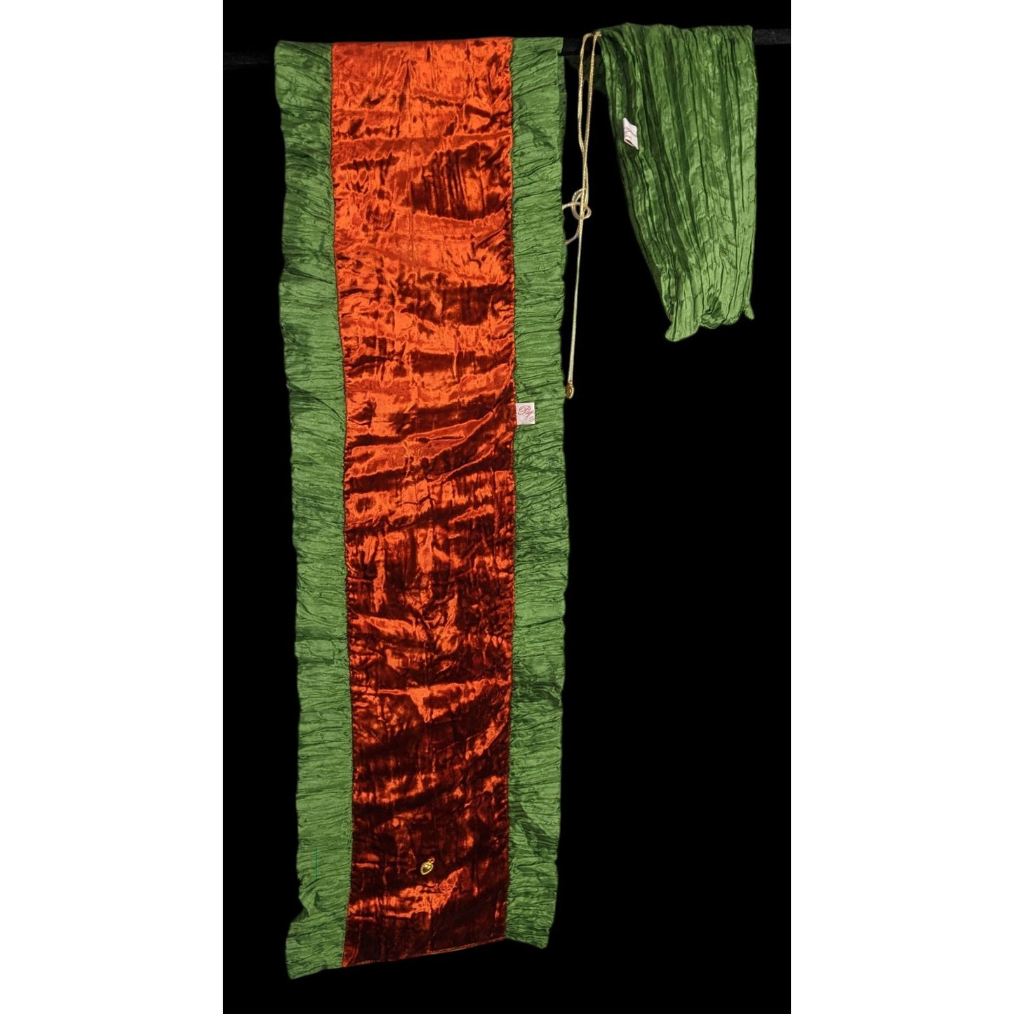 Papagena Paris Vintage Orange & Green Velvet Scarf W/Gold Heart Charm & Dust Bag 35"x7.5"
