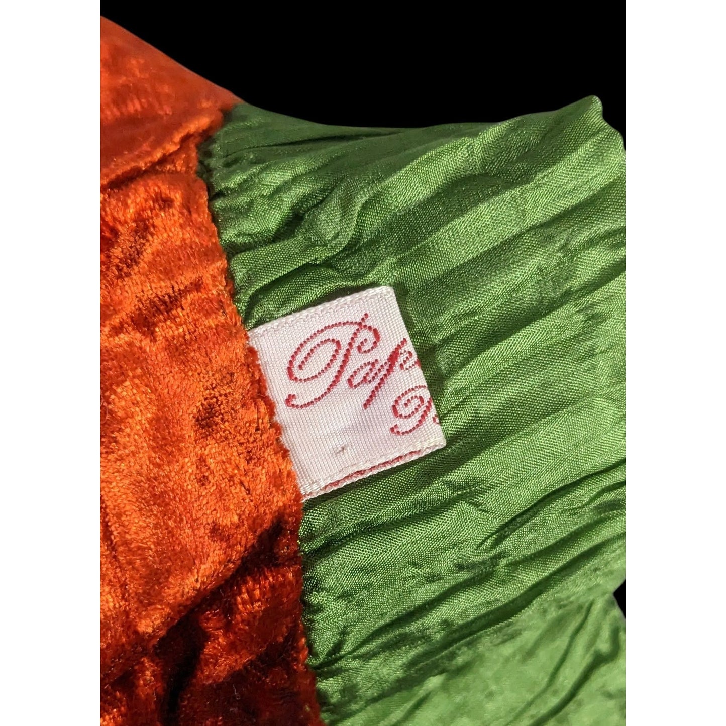 Papagena Paris Vintage Orange & Green Velvet Scarf W/Gold Heart Charm & Dust Bag 35"x7.5"